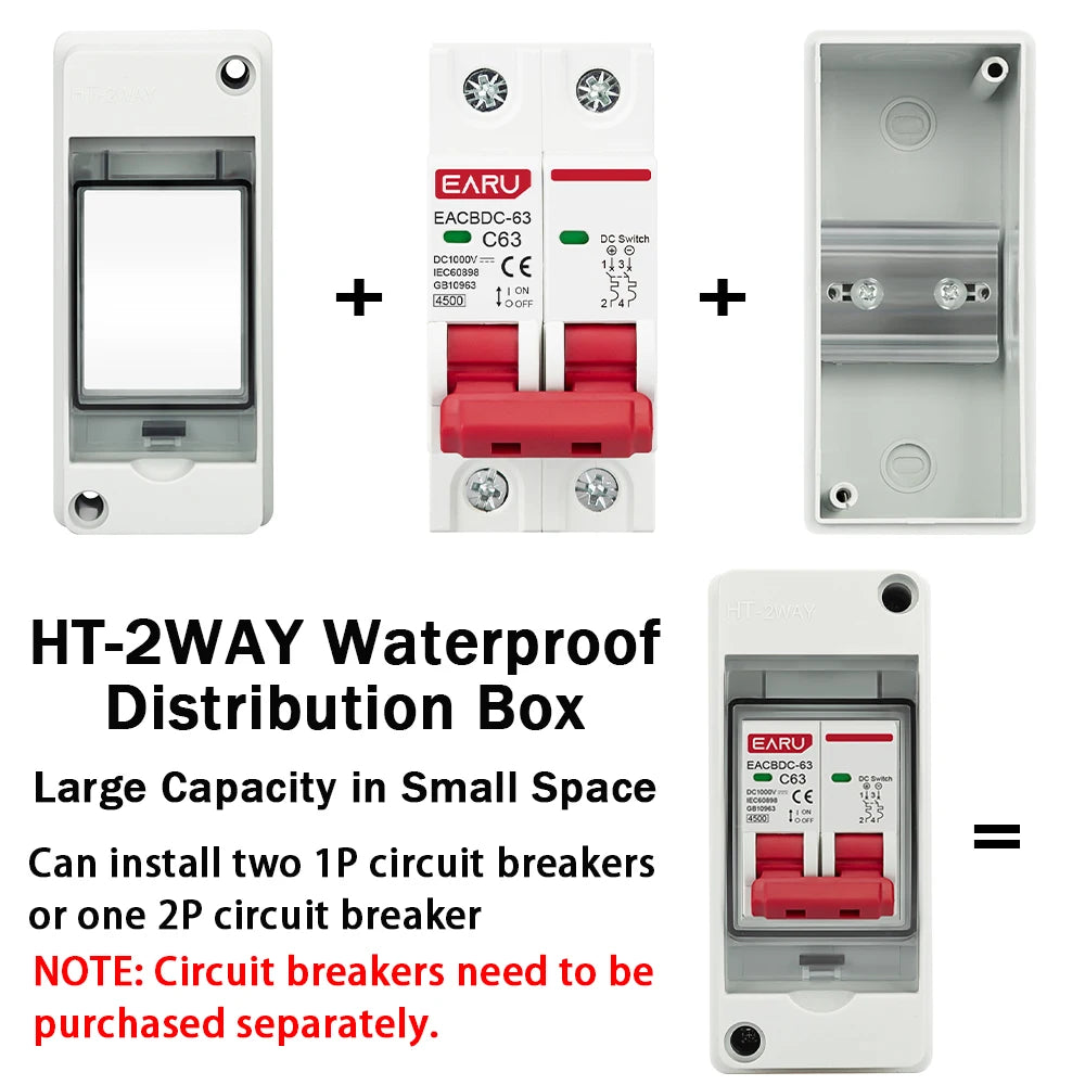 HT-2 IP65 Waterproof Distribution Breaker Box Panel Installation 2 WAY PC ABS Plastic Outdoor Electrical MCB Solar Junction Box