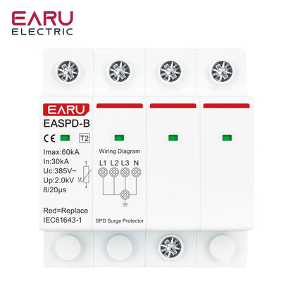 SPD AC 385V 1P 2P 3P 4P 20KA 30KA 40KA 60KA House Lightning Surge Protector Protective Solar PV Low-Voltage Arrester Device