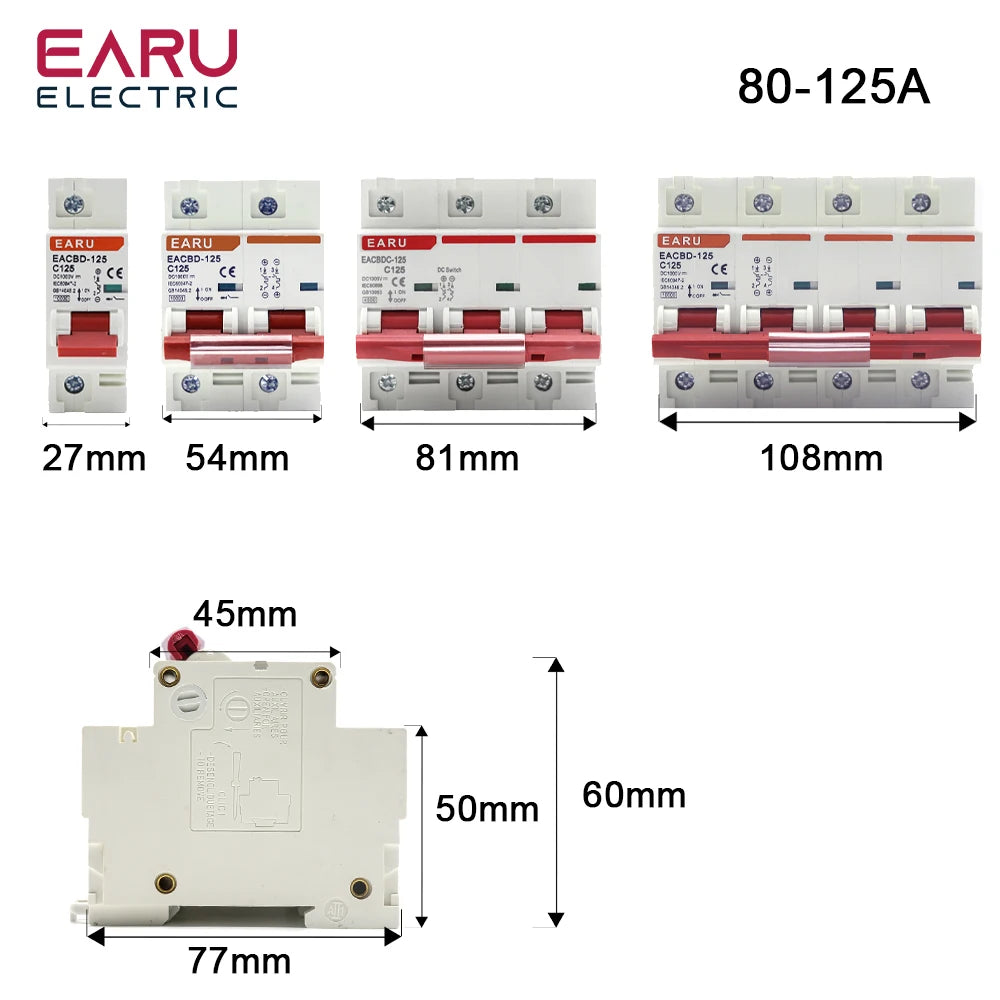 DC 1000V 1P 2P 3P 4P Solar Mini Circuit Breaker Overload Protection Switch 6A~63A/80A 100A 125A MCB for Photovoltaic PV System