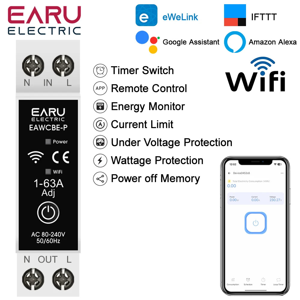 eWeLink MCB WiFi Smart Circuit Breaker 1P+N 63A Timer Relay Switch Energy Metering kWh Voltage Current Protector Remote Control