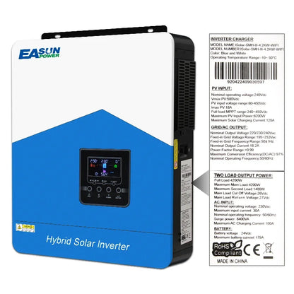 EASUN 4200W 24V Hybrid Solar Inverter - Pure Sine Wave, MPPT 120A Solar Controller, AC 220-240V, Built-in WiFi