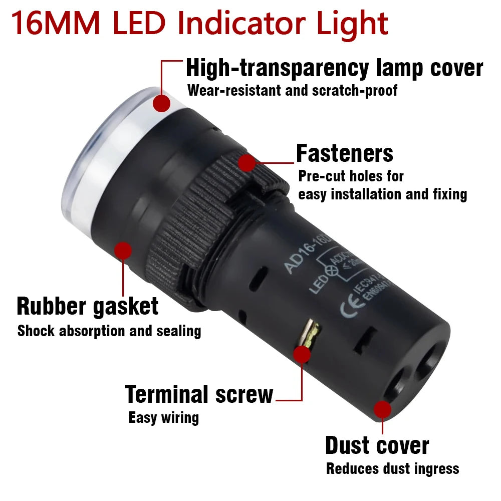 16MM 22MM LED Power Electronic Indicator Pilot Signal Light Lamp AC DC 12V 24V 110V 220V 380V Red Green Yellow Blue White Panel