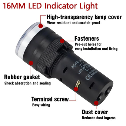16MM 22MM LED Power Electronic Indicator Pilot Signal Light Lamp AC DC 12V 24V 110V 220V 380V Red Green Yellow Blue White Panel