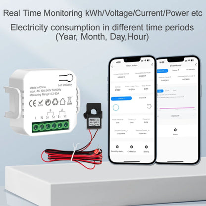 Tuya Smart WiFi Energy Meter with 1/2 CT Clamps for Solar PV System Power Production Consumption Bidirectional Monitoring Meter