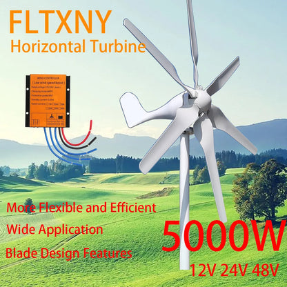 5000W Home Wind Turbine Generator with MPPT Charge Controller - 12V, 24V, 48V Compatible, Low Noise, Clean Energy Solution