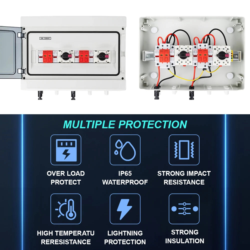 DC 1000V 2 Input 2 Output Solar Photovoltaic PV Combiner Box With Surge Lightning Protection DC Fuse MCB SPD Waterproof Box IP65