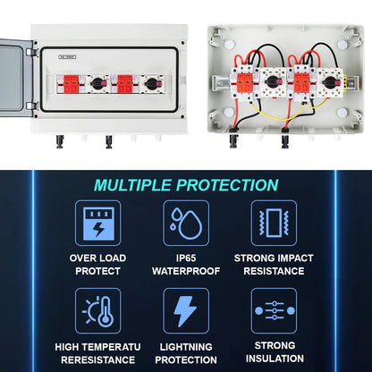 DC 1000V 2 Input 2 Output Solar Photovoltaic PV Combiner Box With Surge Lightning Protection DC Fuse MCB SPD Waterproof Box IP65
