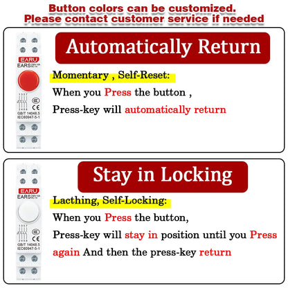 18MM Din Rail Mount LED Signal Lamp Button Switch Series AC/DC 220V Indicating Indication Pilot Lights Green Momentary Latching