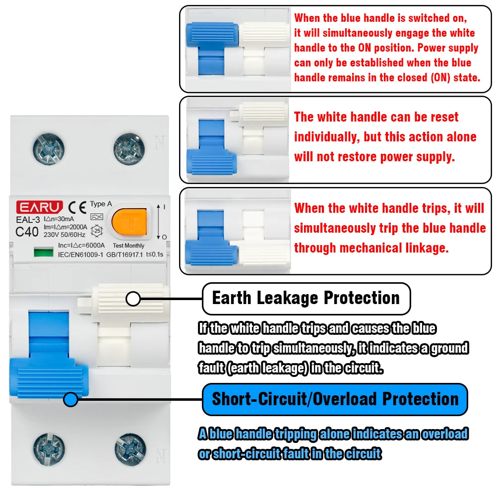 2P 40A 30mA AC 230V 50/60Hz RCBO RCCB MCB Type A Electromagnetic Residual Current Circuit Breaker Curve B/C Leakage Protection