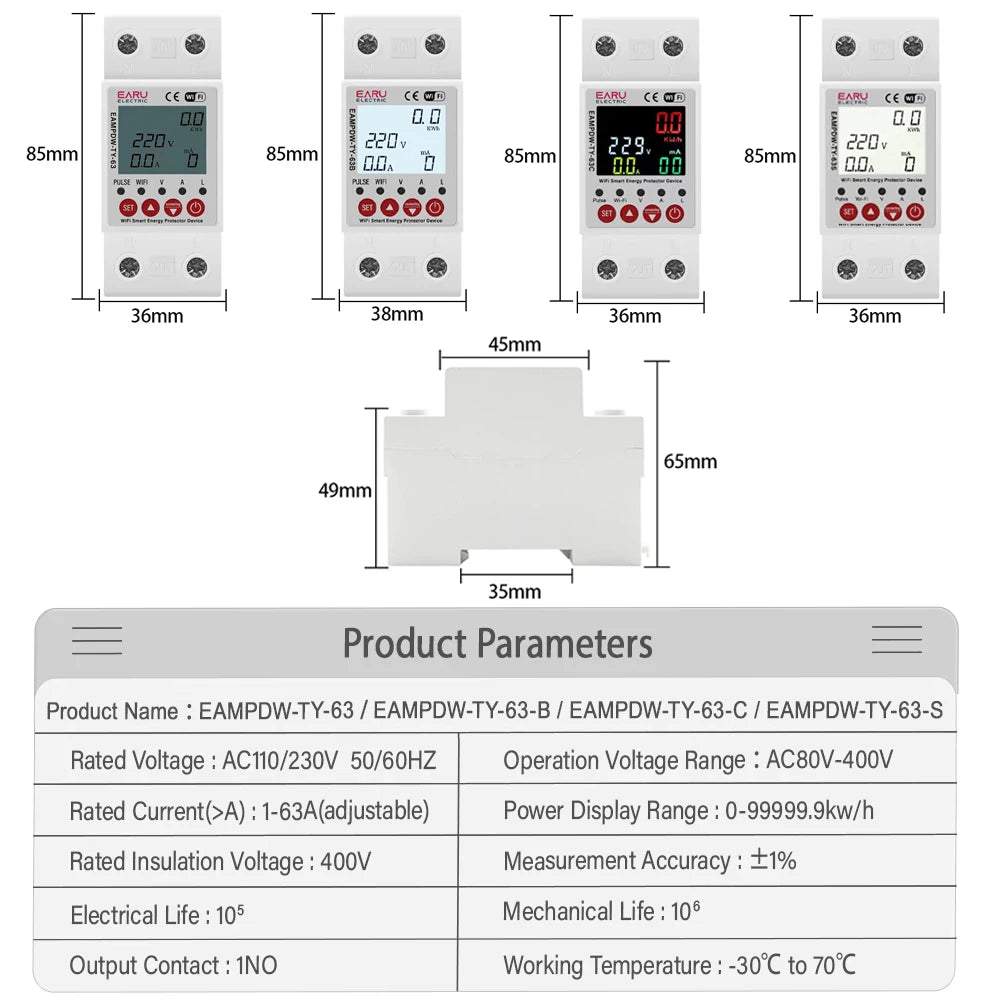 2P 63A 230V Tuya WiFi Smart Energy Meter Power kWh Meter Earth Leakage Over Under Voltage Protector Relay Device Switch Breaker