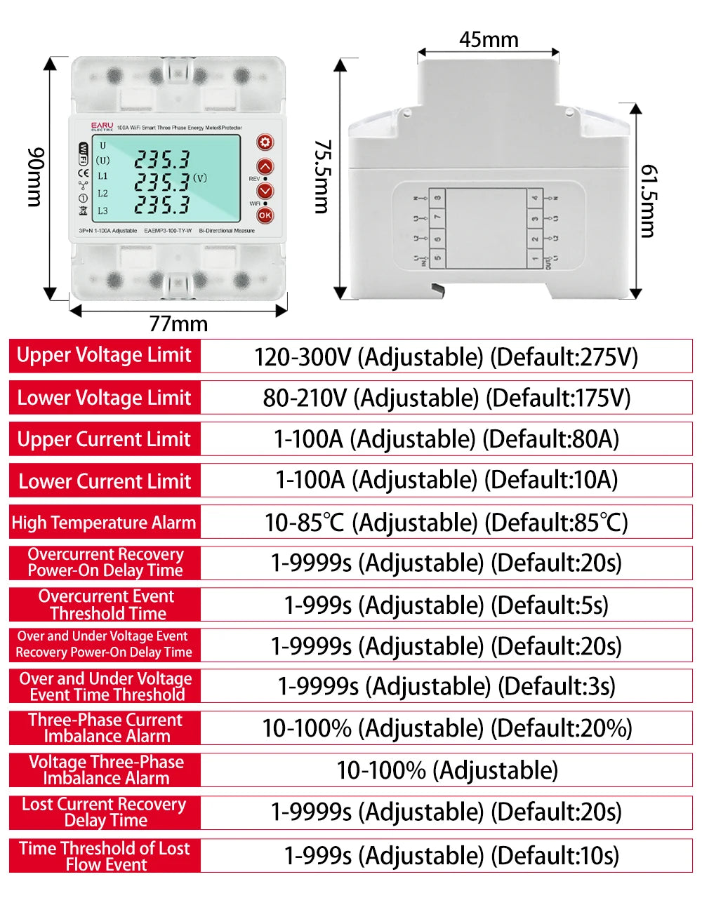 3 Phase 380V 100A Tuya WiFi Smart Bi-Directional Energy Power kWh Meter Over Under Voltage Protector Relay Switch Current Limit