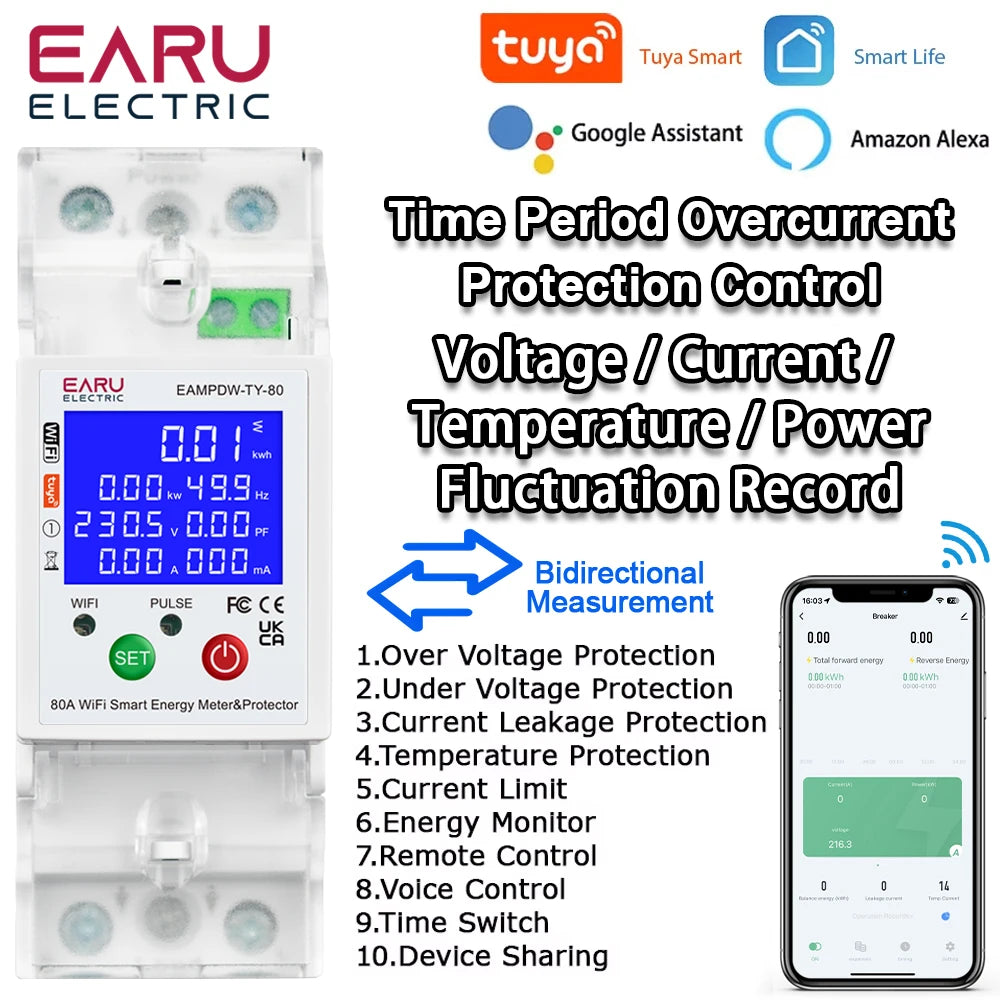 Tuya Smart WiFi Circuit Breaker Switch PV Bi-Directional Energy Meter Timer Measuring Earth Leakage Over Under Voltage Protector