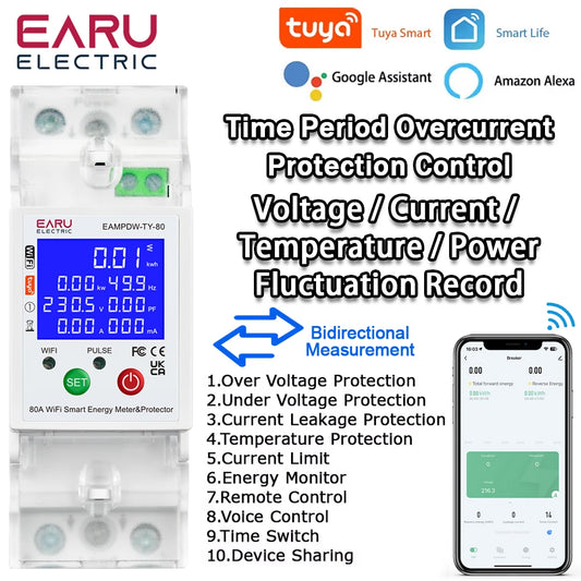 Tuya Smart WiFi Circuit Breaker Switch PV Bi-Directional Energy Meter Timer Measuring Earth Leakage Over Under Voltage Protector