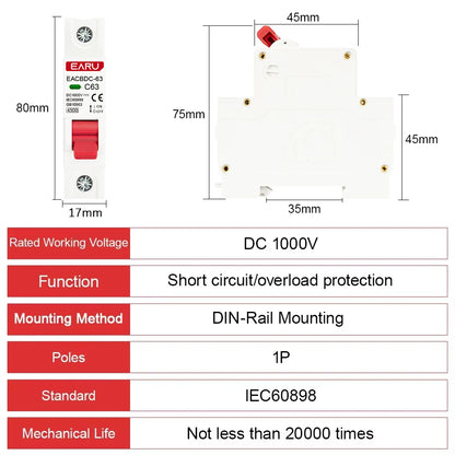 1P DC 1000V MCB Solar Mini Circuit Breaker Overload Protection Switch 6A 10A 16A 20A 25A 32A 40A 50A 63A DC1000V Photovoltaic PV