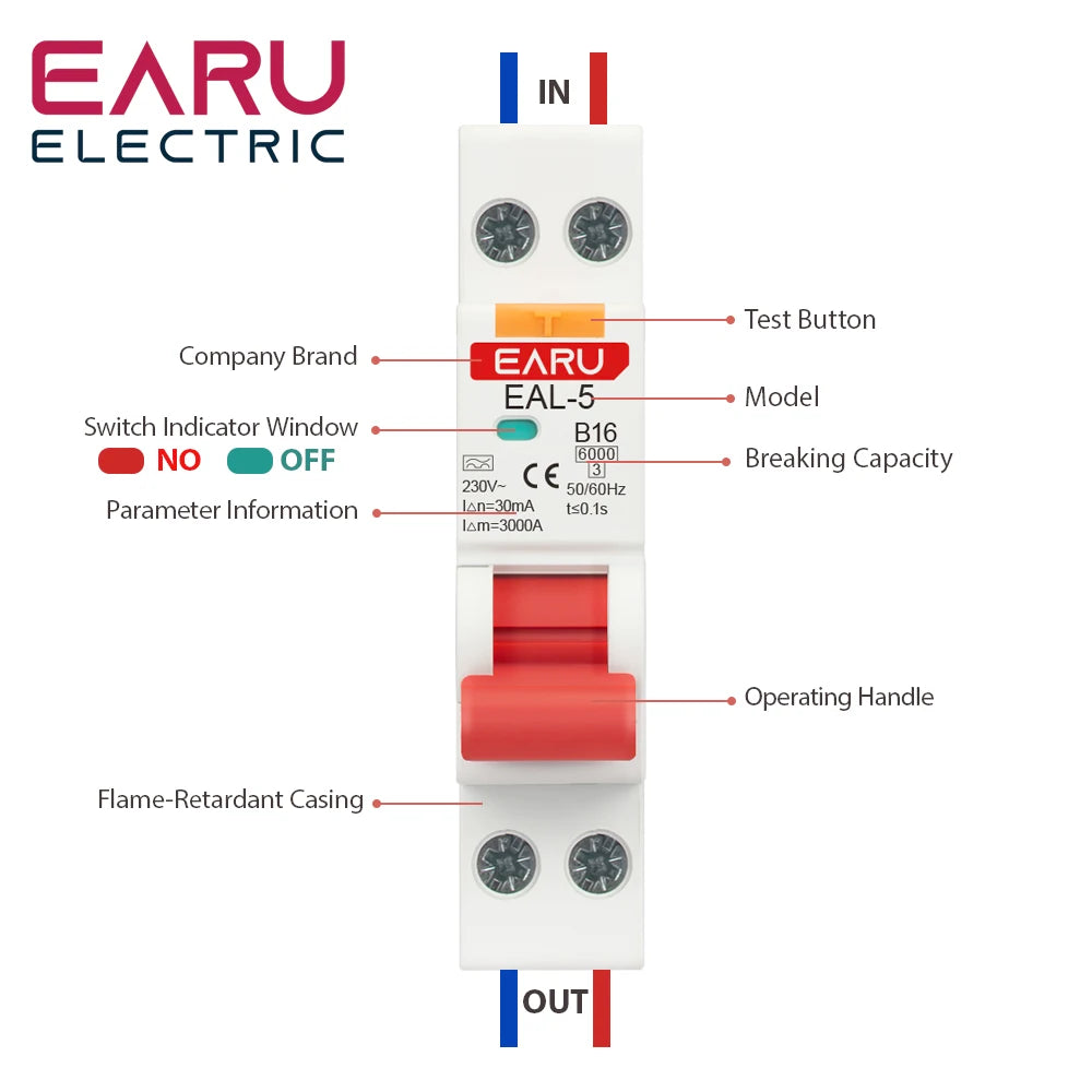 18MM 1P+N AC 230V Type A 6A-40A B C Curve RCBO MCB Residual Current Circuit Breaker Over Short Current 30mA Leakage Protection