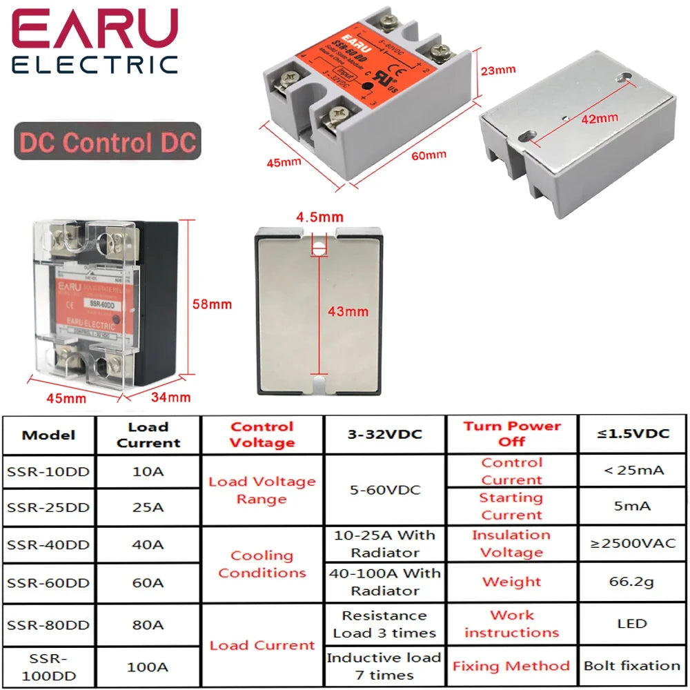 SSR-25DD SSR-40DD SSR 10A 60A  80A 100A Single Phase Solid State Relay Module DC 3-32V Input DC 5-60V Output Voltage Transformer