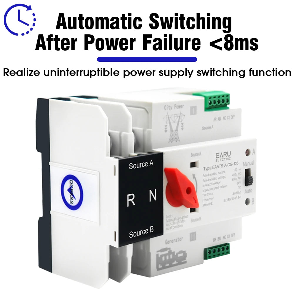 Single Phase Din Rail 2P 125A AC 230V Mini ATS Dual Power Automatic Transfer Electrical Selector Switches Uninterrupted Power
