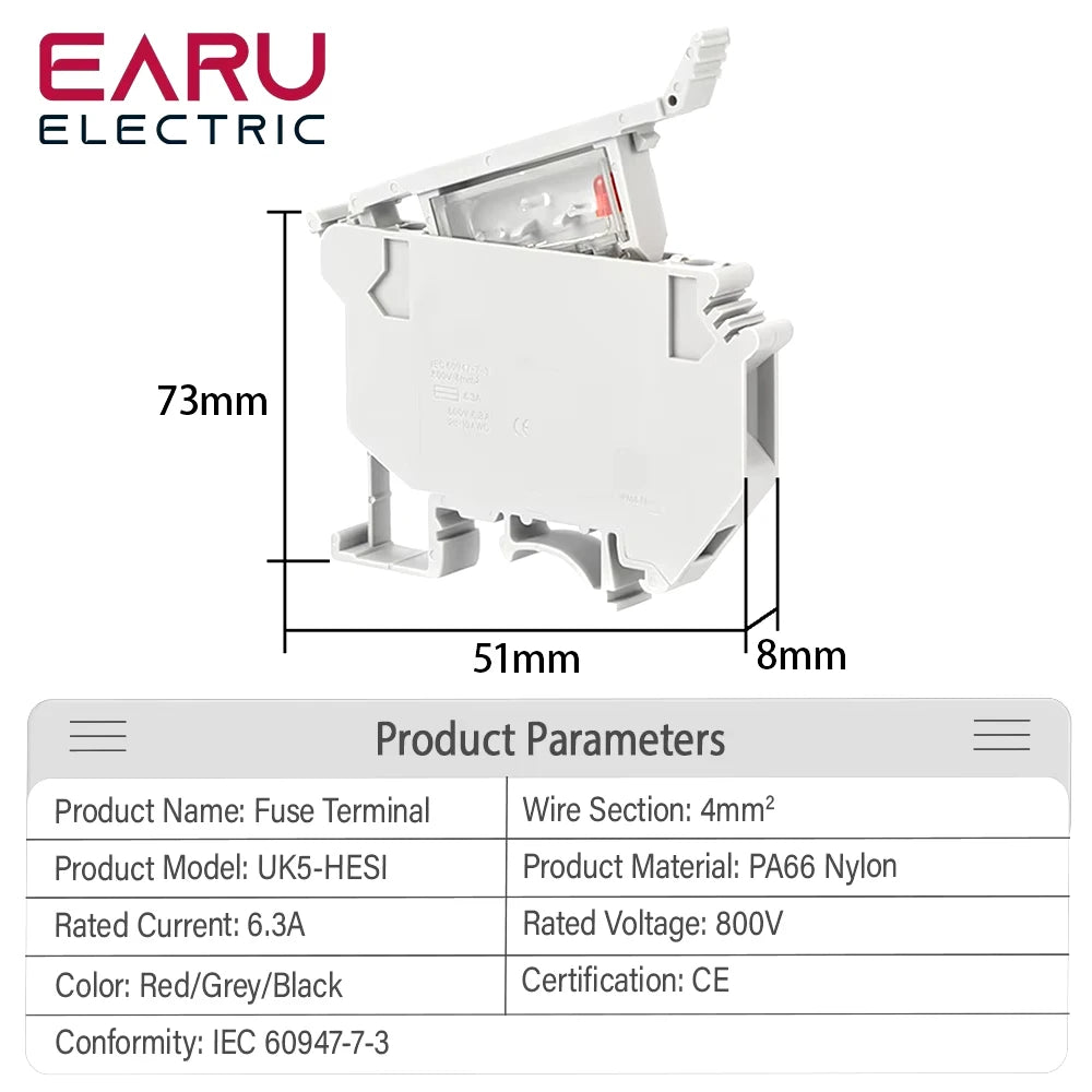 10Pcs/Lot Din Rail Terminal Blocks UK-5-HESI Black Connector Screw Fuse Terminal Block Connector Screw Fuse Holder Conductor