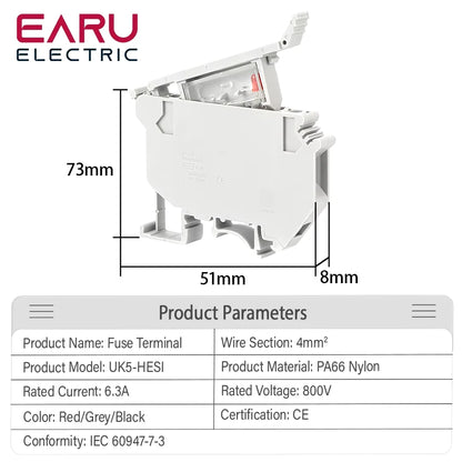 10Pcs/Lot Din Rail Terminal Blocks UK-5-HESI Black Connector Screw Fuse Terminal Block Connector Screw Fuse Holder Conductor