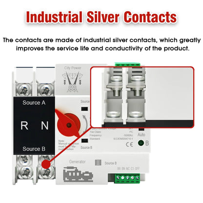 Single Phase Din Rail 2P 125A AC 230V Mini ATS Dual Power Automatic Transfer Electrical Selector Switches Uninterrupted Power