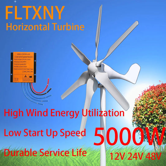 5000W Horizontal Wind Turbine 12V 24V 48V Alternative Generators Free Energy Windmill With MPPT Controller