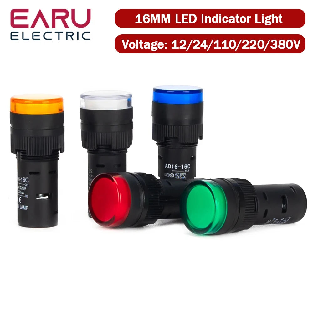 16MM Panel LED Power Electronic Indicator Pilot Signal Light Lamp AC DC 12V 24V 110V 220V 380V Red Green Yellow Blue White LED