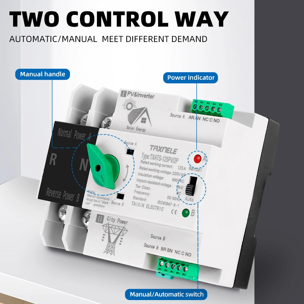 Dual Power Automatic Transfer Selector Switches Uninterrupted 63/ 100/ 125A photovoltaics solar