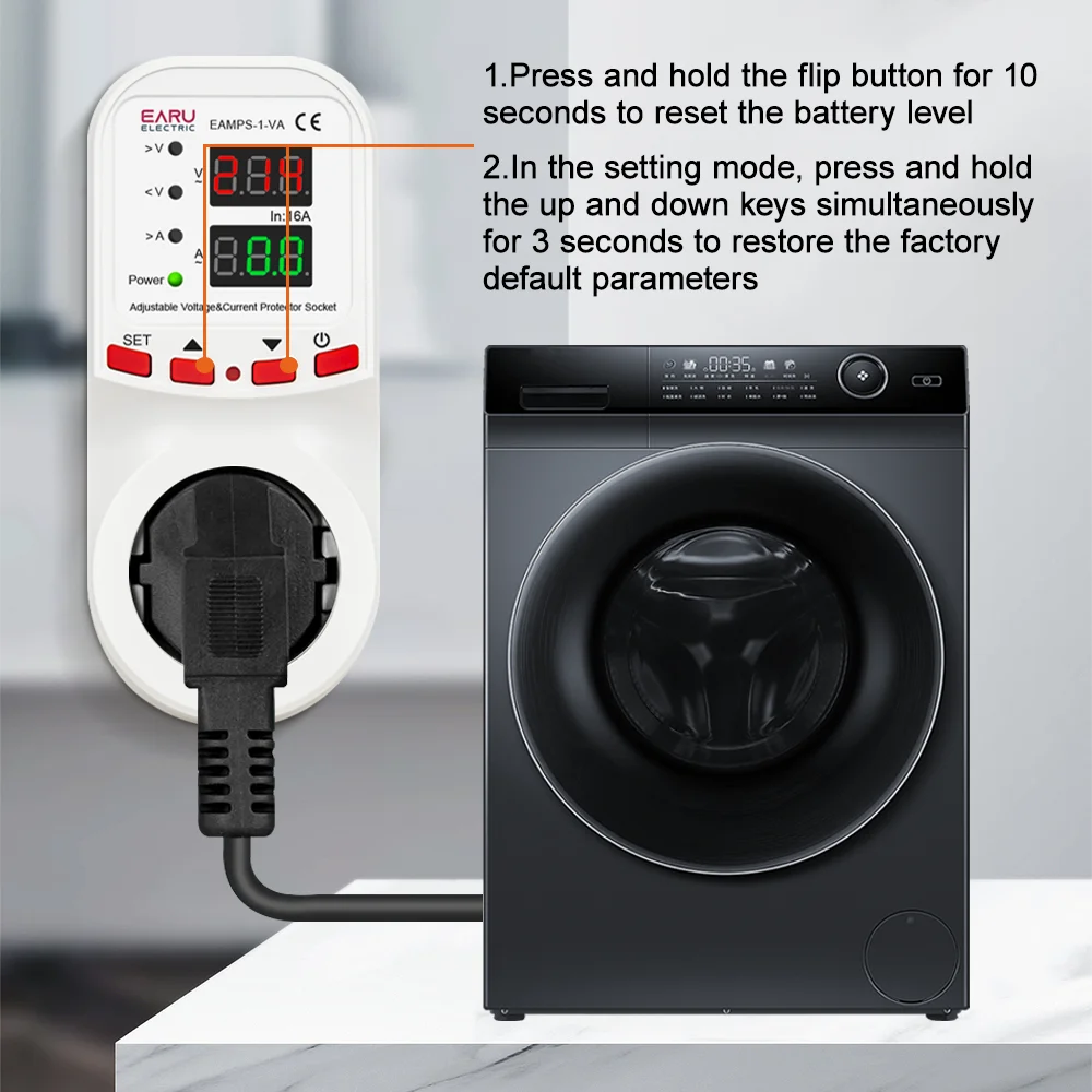 Automatic Voltage Surge Current Limiter Protector EU Socket Plug Adjustable 16A AC 230V 50/60Hz Power Energy Monitor kWh Meter