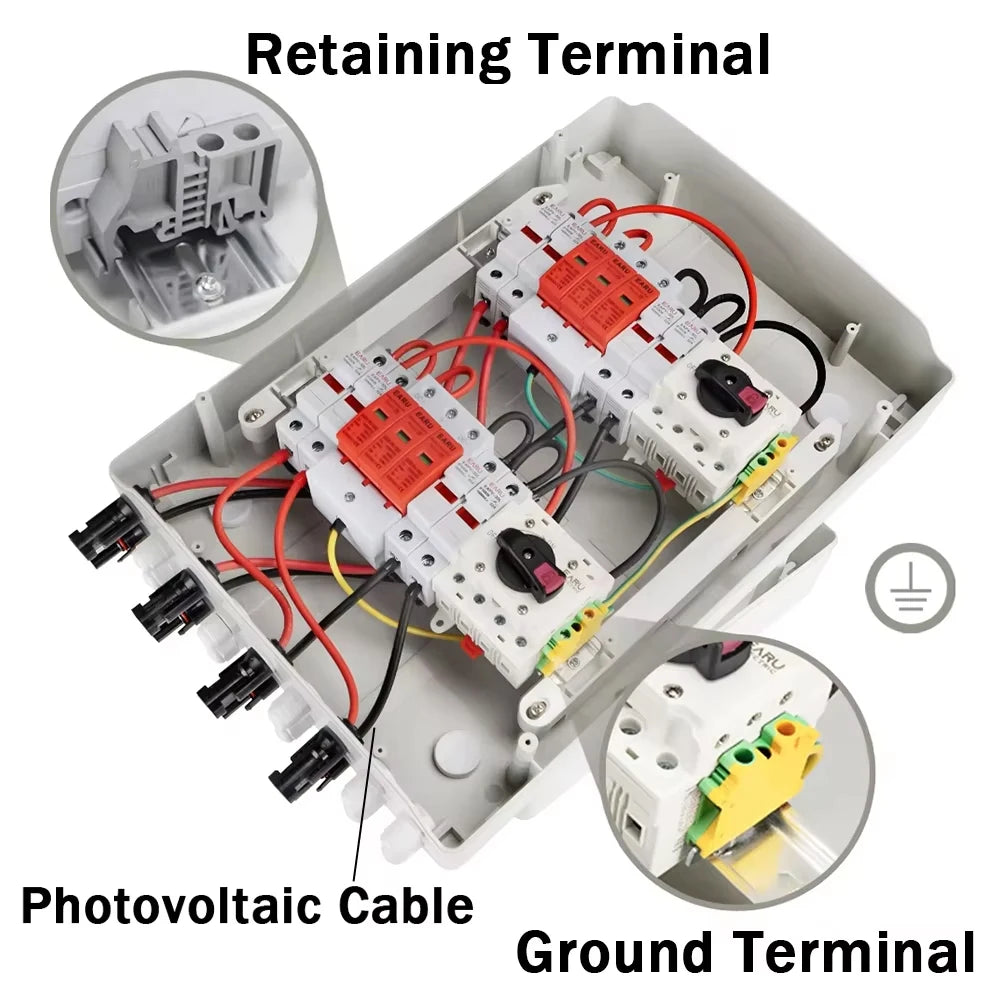 DC 1000V 4 Input 2 Output Solar Photovoltaic PV Combiner Box With Surge Lightning Protection DC Fuse MCB SPD Waterproof Box IP65