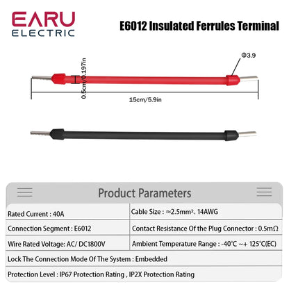 10 Pairs Red Black 15CM 2.5mm² 14AWG Photovoltaic PV Solar Cable Wire with E6012 Terminals for Solar Power Combiner Box Wiring