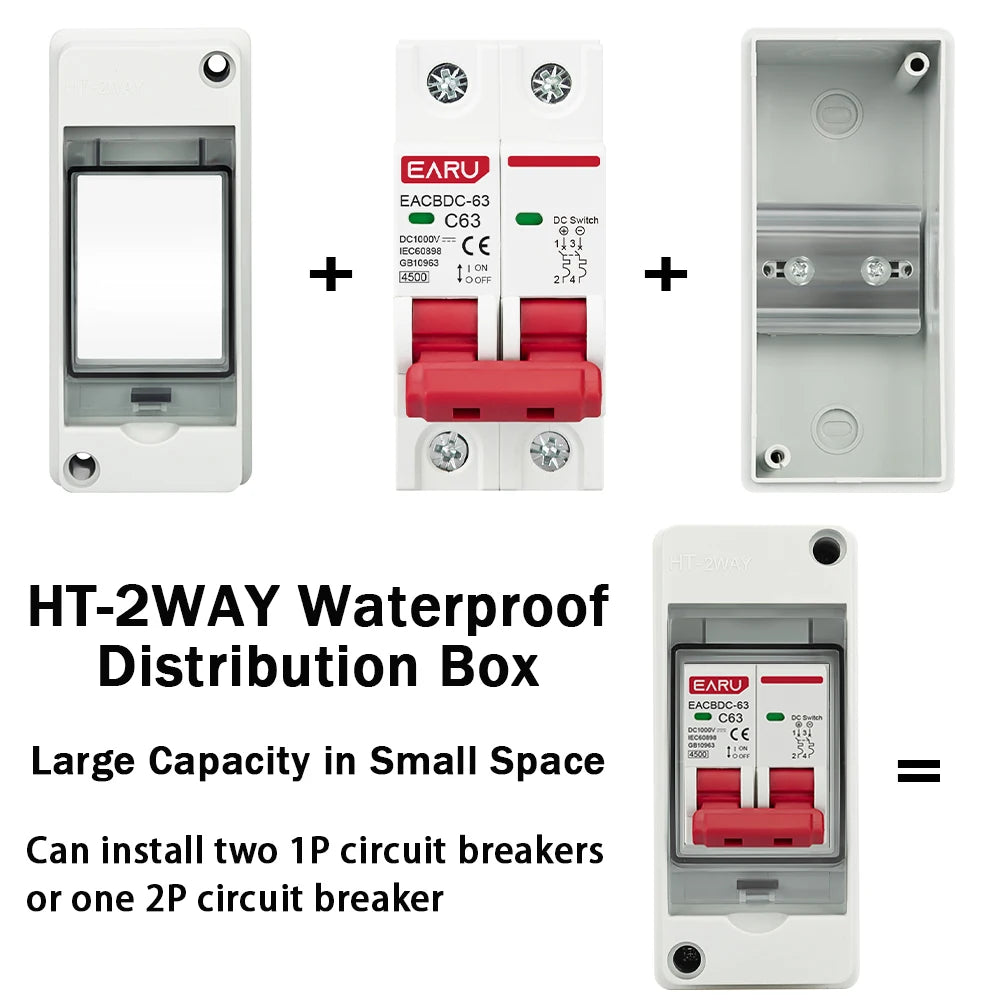 2P DC 1000V 6A-63A MCB 2 Way HT-2 1 In 1 Out Solar Photovoltaic PV Combiner Box Circuit Breaker Waterproof Distribution Box IP65
