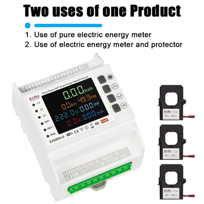 Three Phase Tuya WiFi Smart Bi-Directional Energy Meter with 3 CT Clamps Leakage Over Under Voltage Protector Relay Switch Limit