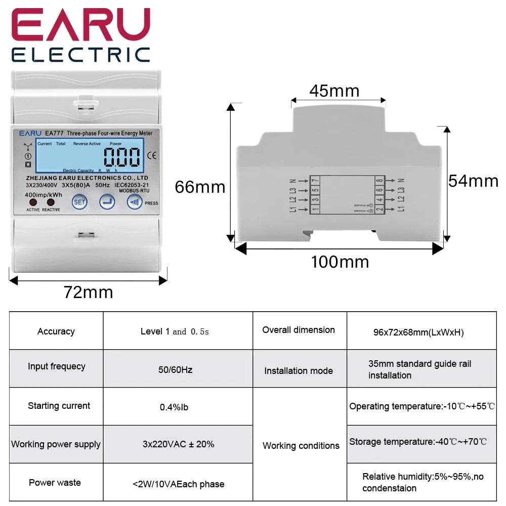 New 4P 3 Phase 4 Wires Two-way Bilateral Energy Meter  Electricity Usage Meter Din Rail AC 3*230/400V LCD Multifunction Display