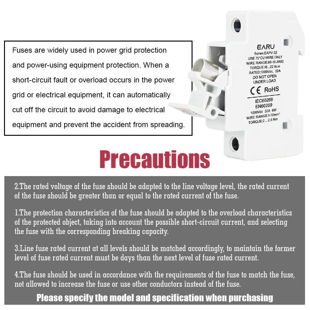 Din Rail Solar Fuses DC 1000V 1500V PV Photovoltaic 20A 25A 30A Fuse Holder Base for Solar System Short Circuit Protection gPV