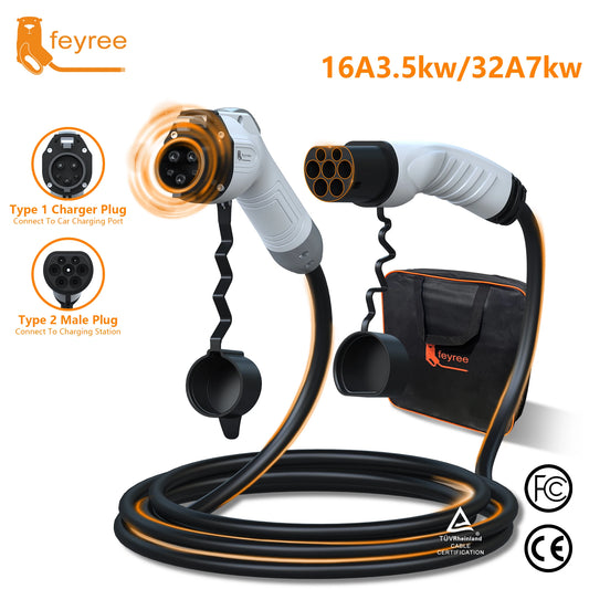 feyree EV Charging Cable 7KW 32A 1Phase Type1 Car Charging Socket to Type2 Power Supply Side 16A 3.5KW 5m Cable for Electric Car by 54 Energy - Renewable Energy Store