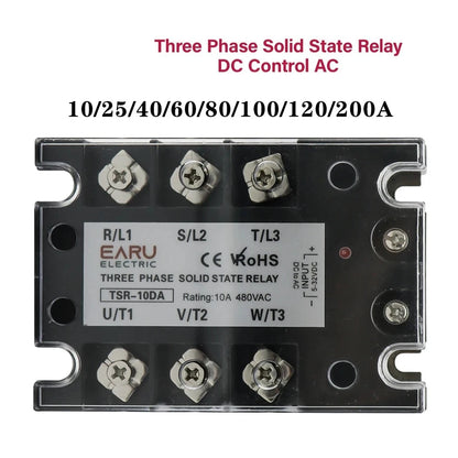 TSR  SSR-10DA SSR-40DA SSR 25A 60A 80A 100A Three Phase SSR Solid State Relay DC Control AC 480V 5-32V Input Aluminum Heatsink