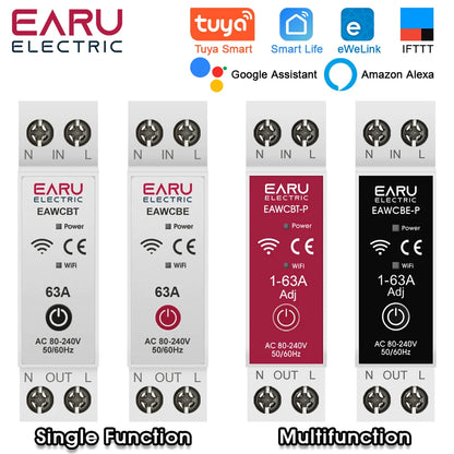 Tuya eWeLink MCB WiFi Smart Circuit Breaker 1P+N 63A Time Relay Switch Energy Meter kWh Voltage Current Protector Remote Control