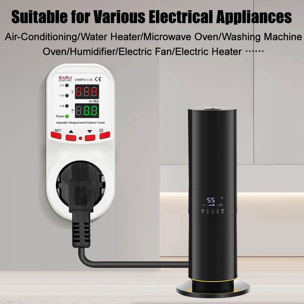 Automatic Voltage Surge Current Limiter Protector EU Socket Plug Adjustable 16A AC 230V 50/60Hz Power Energy Monitor kWh Meter