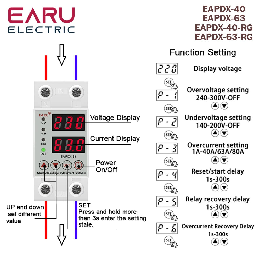 40A 63A 230V Din Rail Adjustable Over Voltage And Under Voltage Protective Device Protector Relay Over Current Protection Limit