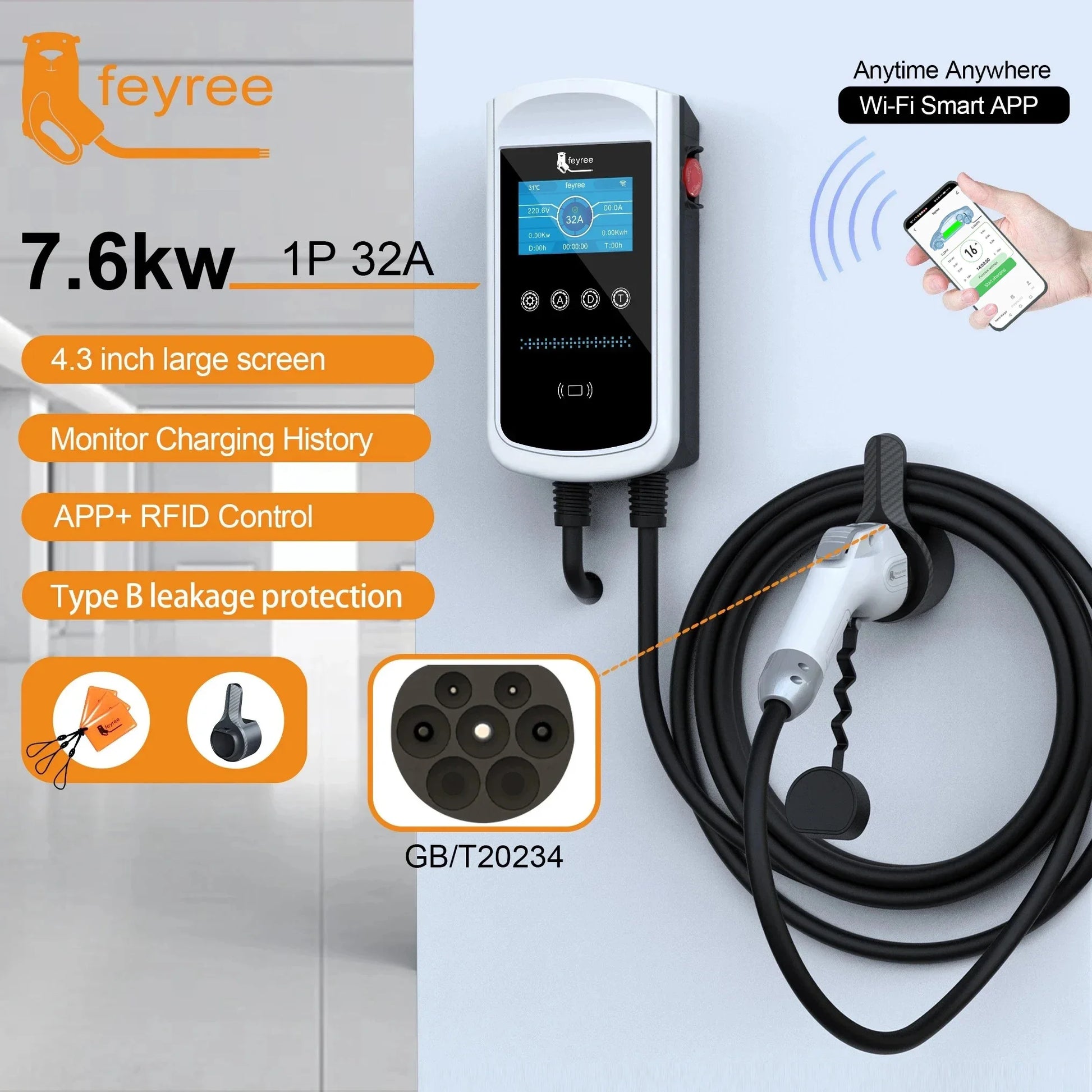 feyree GB/T Socket EV Charger 7.6kw 32A Wallbox 4.3 inch Big Screen APP Charge History Record 11kw 22kw 3 Phase Charging Station by 54 Energy - Renewable Energy Store