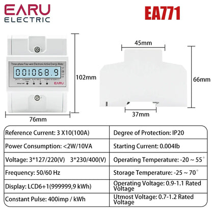 Three Phase Four Wires Eelectronic Active Energy Meter kWh Power Consumption Monitor DIN Rail 50/60Hz 3*5(100)A 50/60Hz  LCD LED