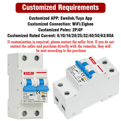 2P Tuya WiFi Smart Circuit Breaker MCB Timer Relay Switch Remote Control AC 63A 16A Power-off Memory Alexa Google Home Assistant