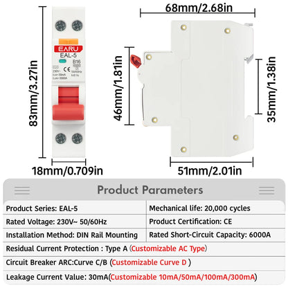 18MM 1P+N AC 230V Type A 6A-40A B C Curve RCBO MCB Residual Current Circuit Breaker Over Short Current 30mA Leakage Protection