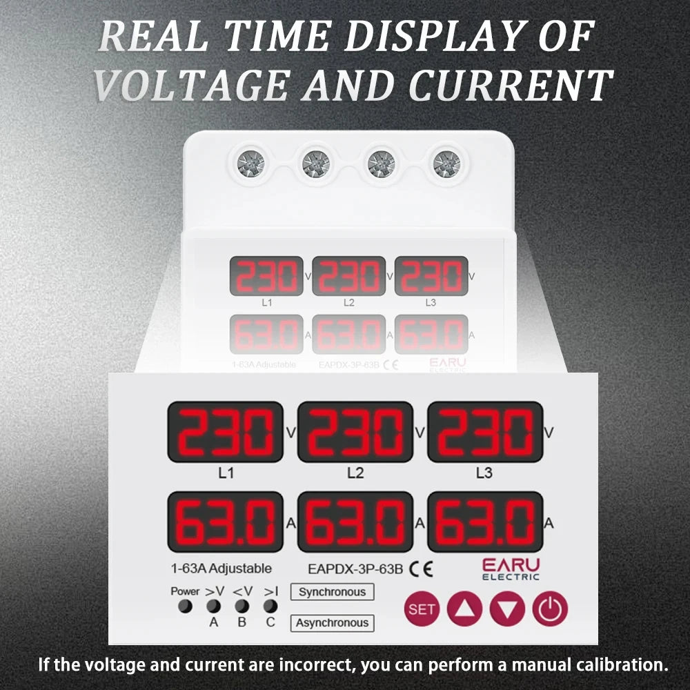 Three Phase Voltage Current Adjustable Over Under Voltage Current Limit Protection Relay Protector 63A 100A with Automatic Reset