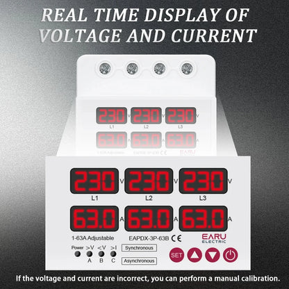 Three Phase Voltage Current Adjustable Over Under Voltage Current Limit Protection Relay Protector 63A 100A with Automatic Reset