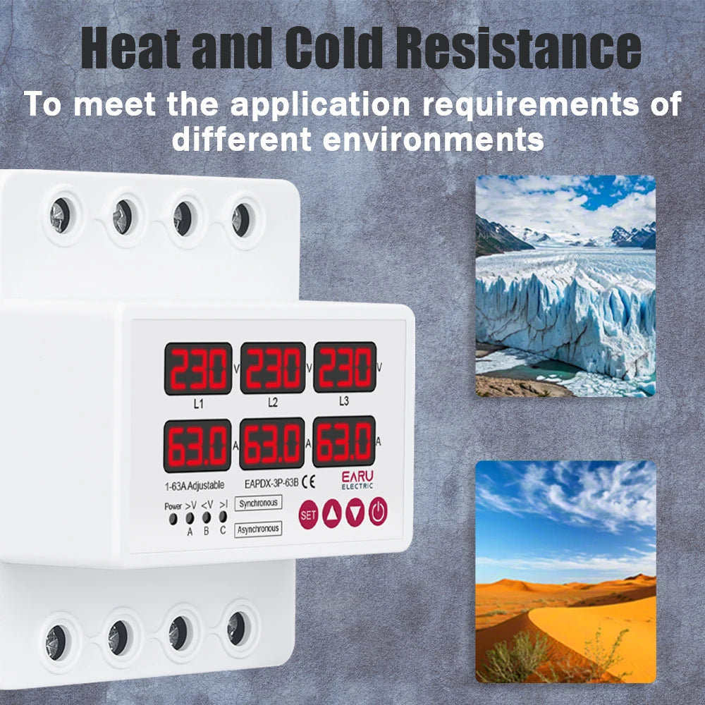 Three Phase Voltage Current Adjustable Over Under Voltage Current Limit Protection Relay Protector 63A 100A with Automatic Reset