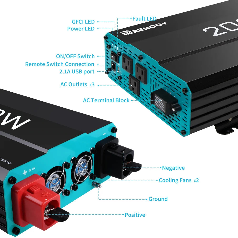 2000W Pure Sine Wave Inverter 12V DC to 240V AC Converter Solar Power