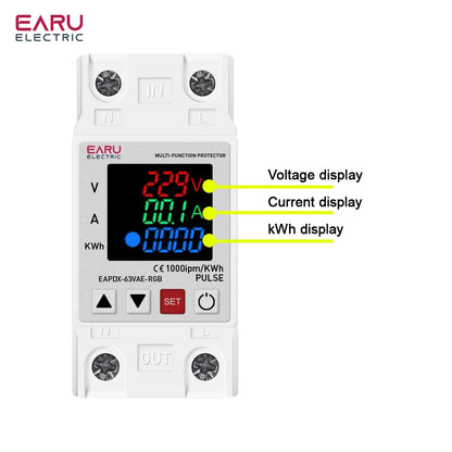 Din Rail Dual Display Adjustable Over Voltage Current and Under Voltage Protective Device Protector Relay 63A 220V 230V KWH