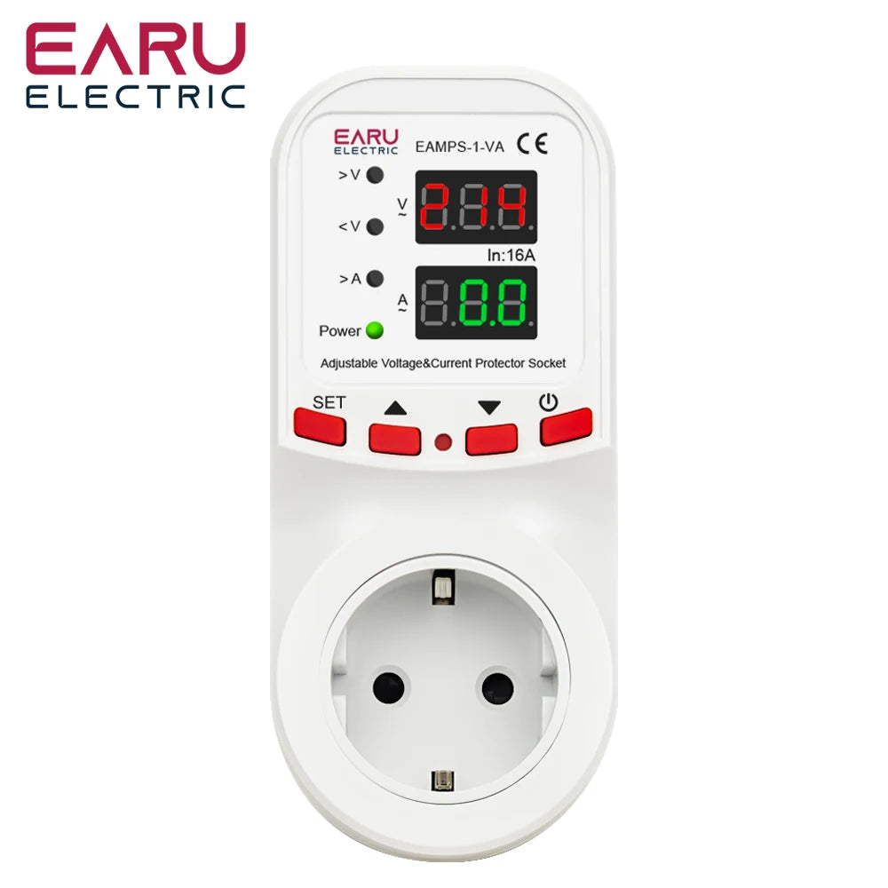 Automatic Voltage Surge Current Limiter Protector EU Socket Plug Adjustable 16A AC 230V 50/60Hz Power Energy Monitor kWh Meter