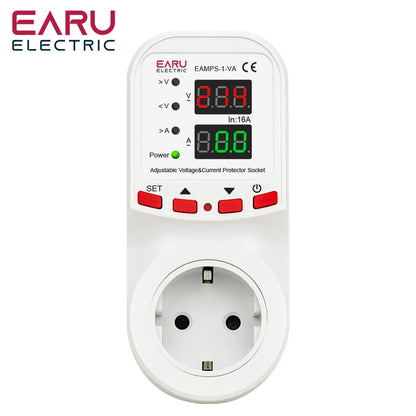 Automatic Voltage Surge Current Limiter Protector EU Socket Plug Adjustable 16A AC 230V 50/60Hz Power Energy Monitor kWh Meter